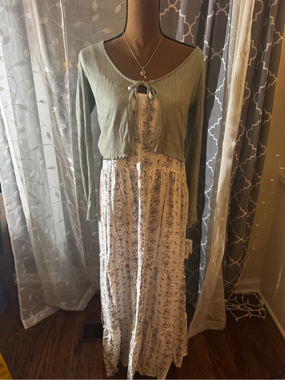 Wallflower Sage Green Cropped Tie-Front Cardigan with Cream Floral Maxi Dress